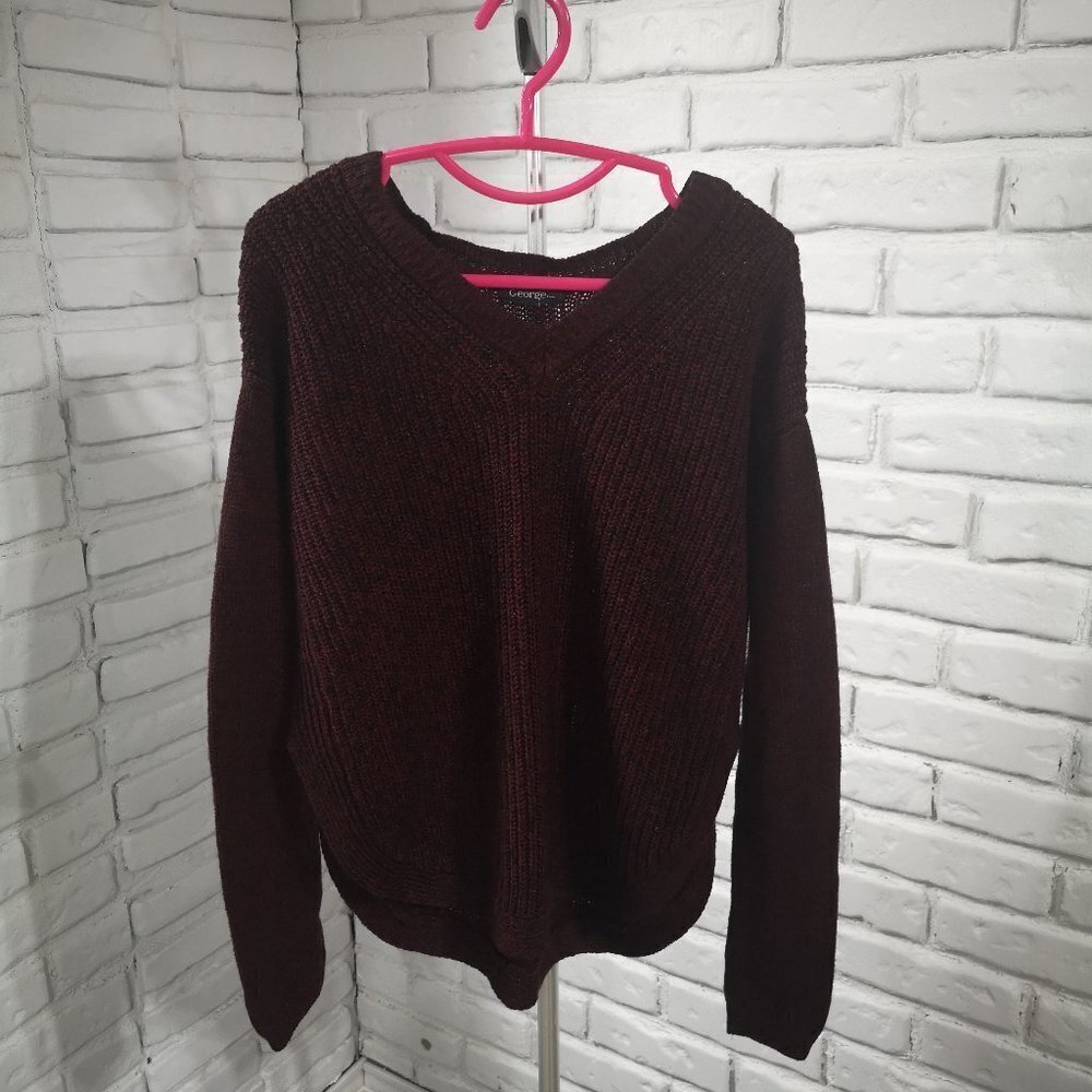 George Ladies Size Small Rounded Hem Burgundy with Black V-neck Sweater